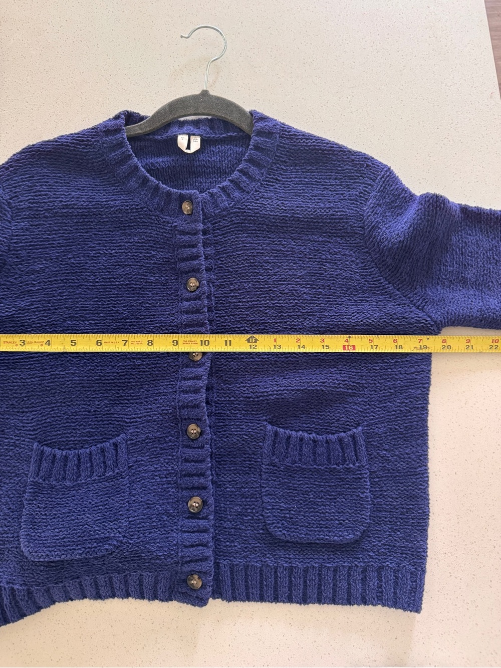 ARKET cotton rich crew neck cardigan in navy - Picture 7 of 8